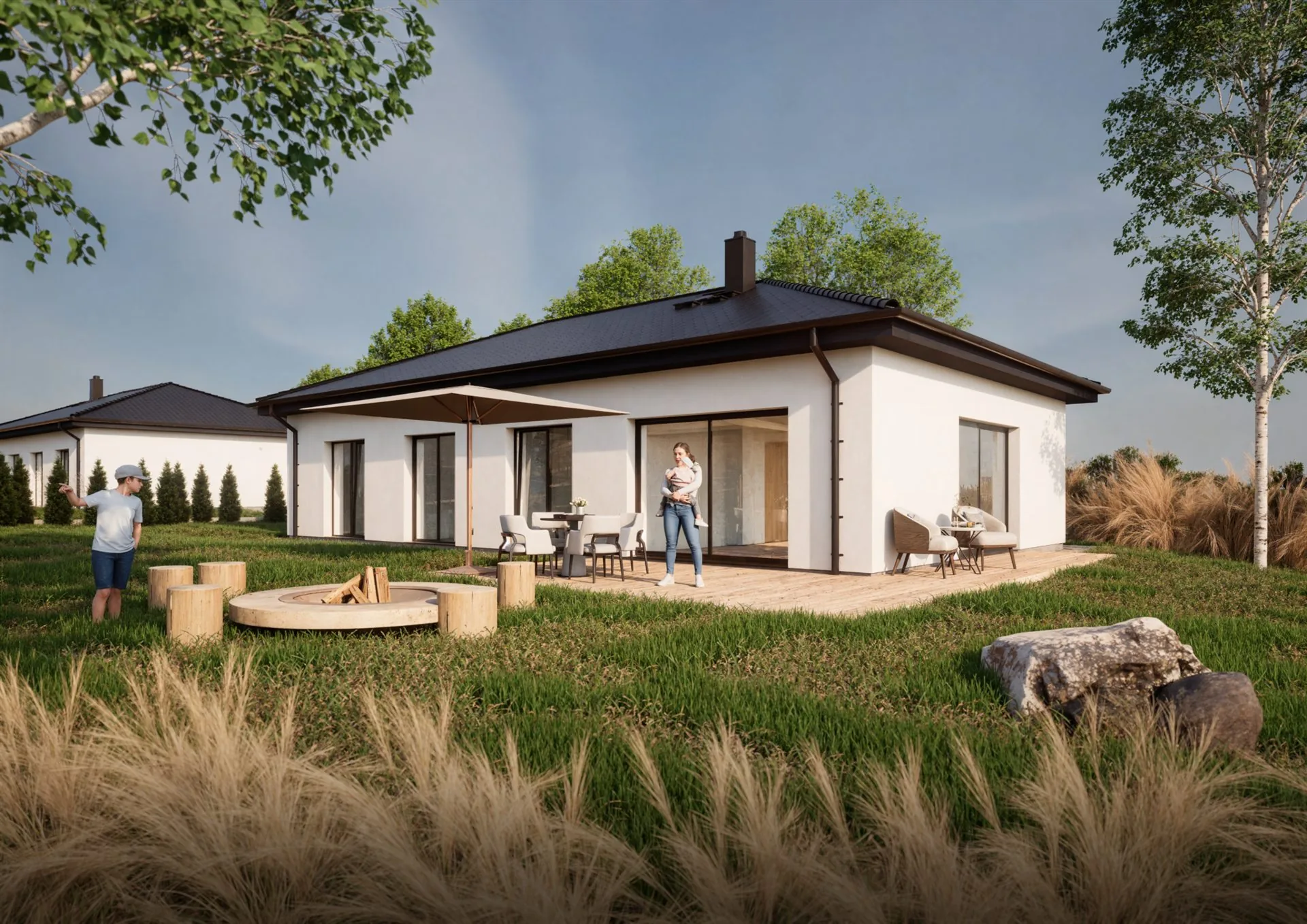 Vizualizace novostavby bungalovu v Kamenném Újezdě se zahradou a lesem v pozadí